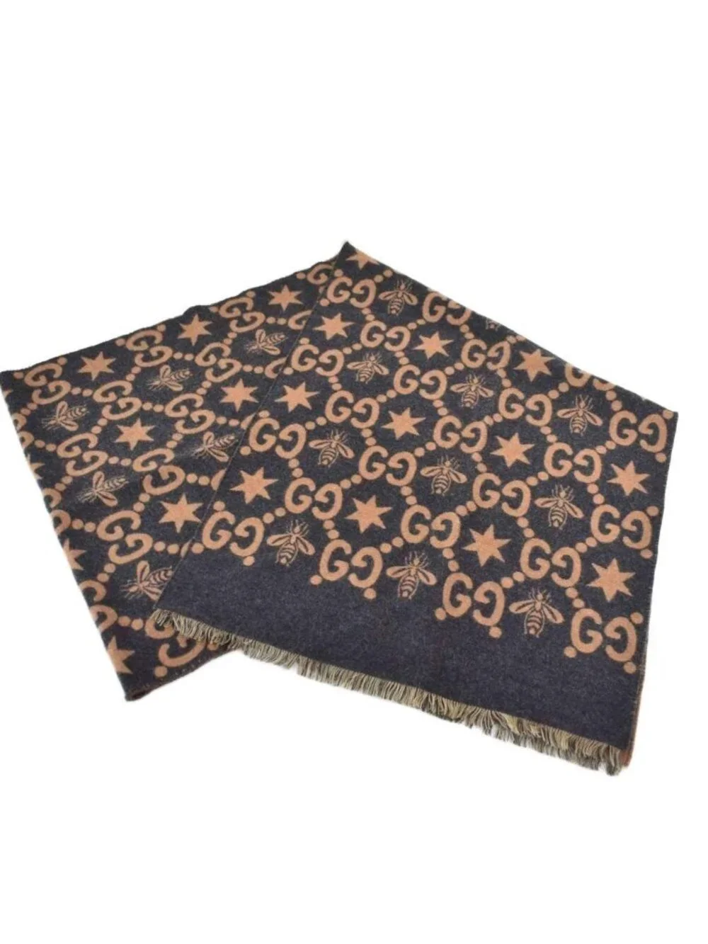 Gucci Bee & Star GG Jacquard Scarf Shawl Black Brown